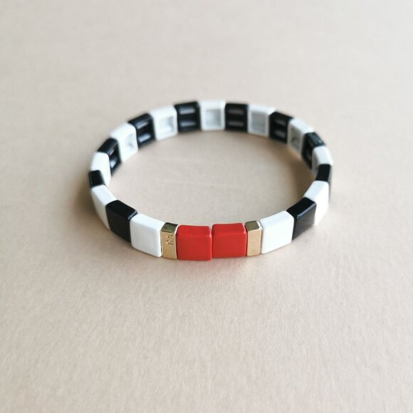 NEW Roxanne Assoulin Piano Gold Black White Red Stretch Bracelet Authentic - Picture 1 of 3